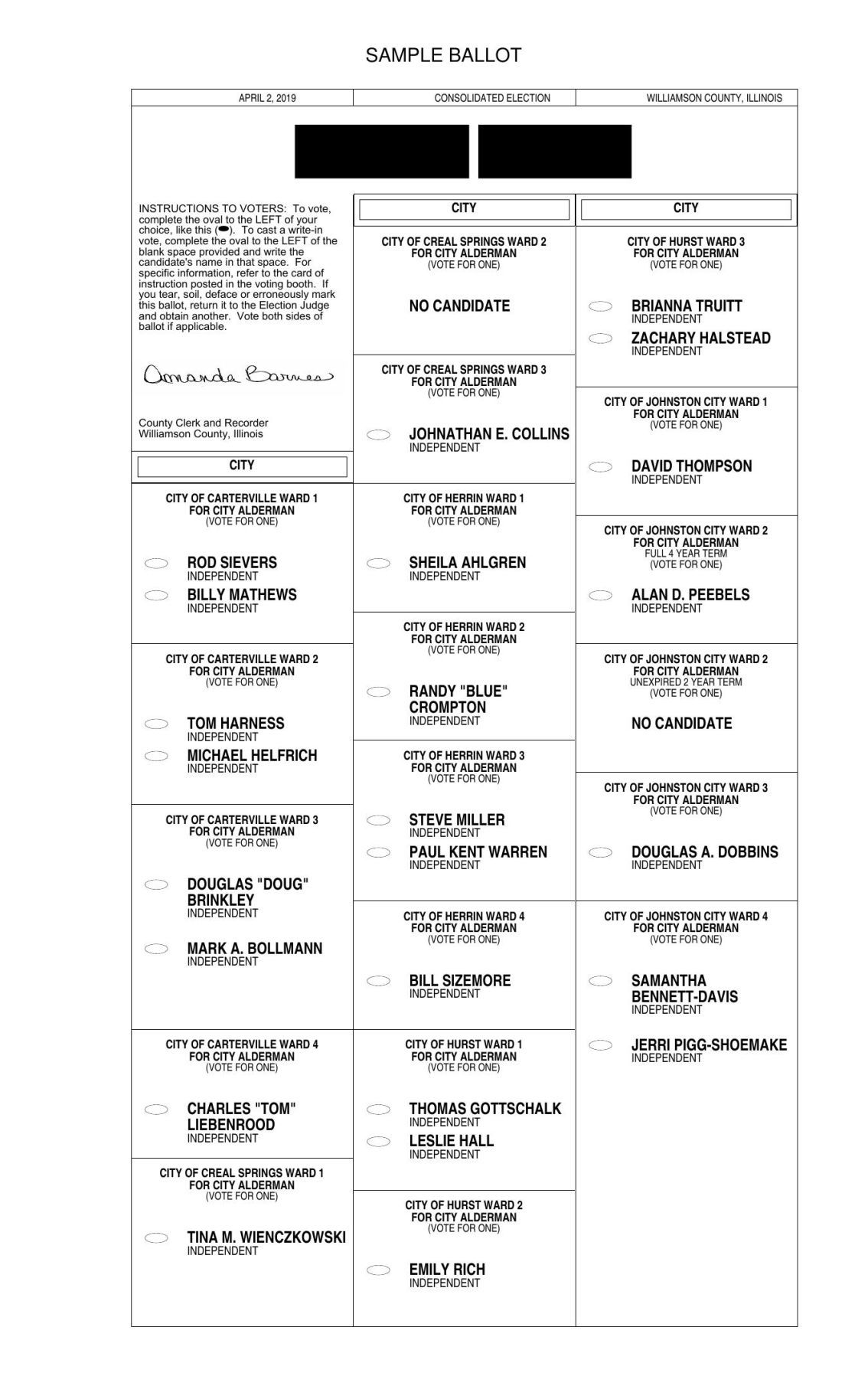 Williamson County publication ballot for 2019 consolidated election