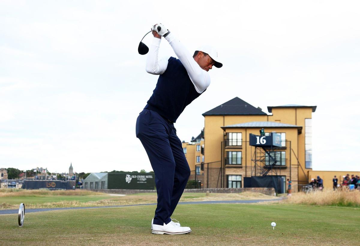 Tiger Woods tees off on the 17th during Day One of The 150th Open at St Andrews Old Course on Thursday, July 14, 2022, in St Andrews, Scotland.