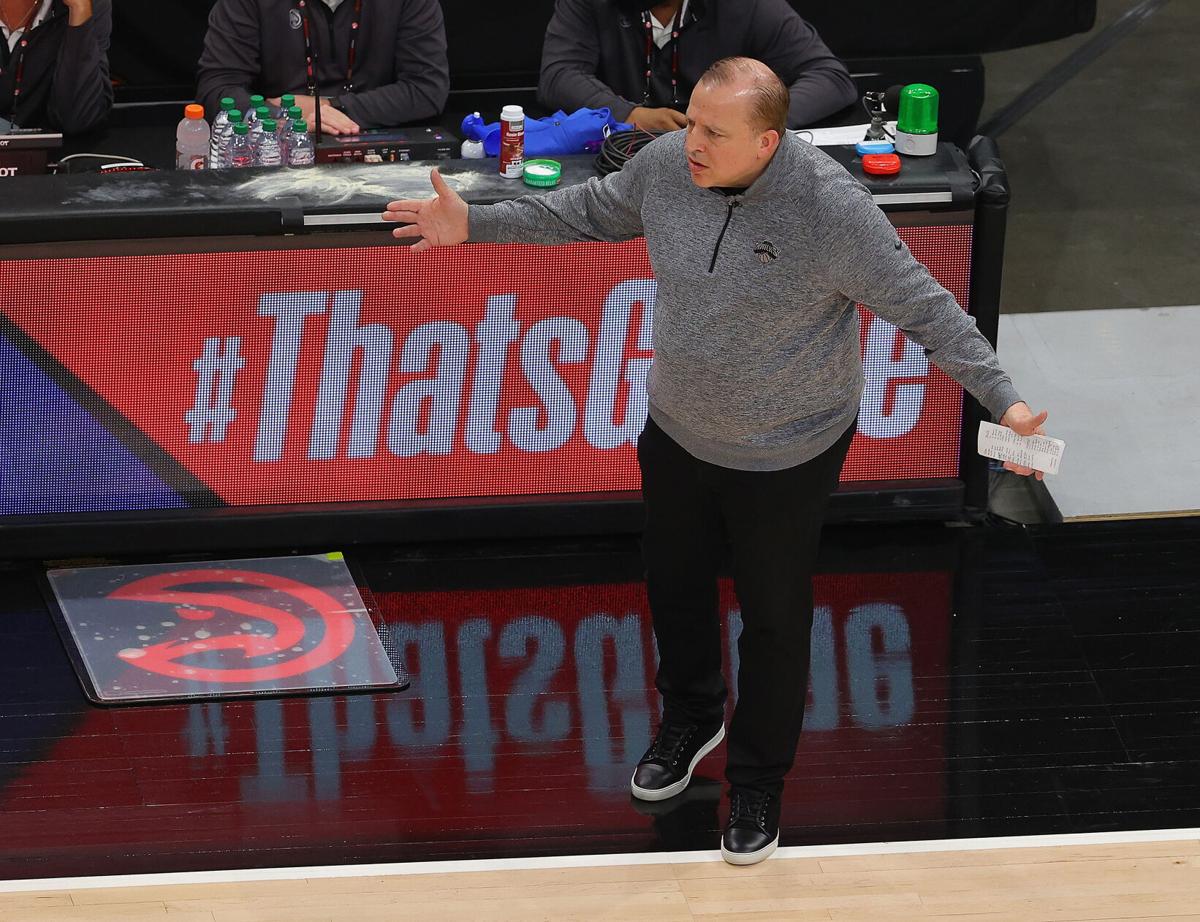 Head coach Tom Thibodeau of the New York Knicks reacts against the Atlanta Hawks during game four of the Eastern Conference Quarterfinals at State Farm Arena on May 30, 2021 in Atlanta, Georgia.