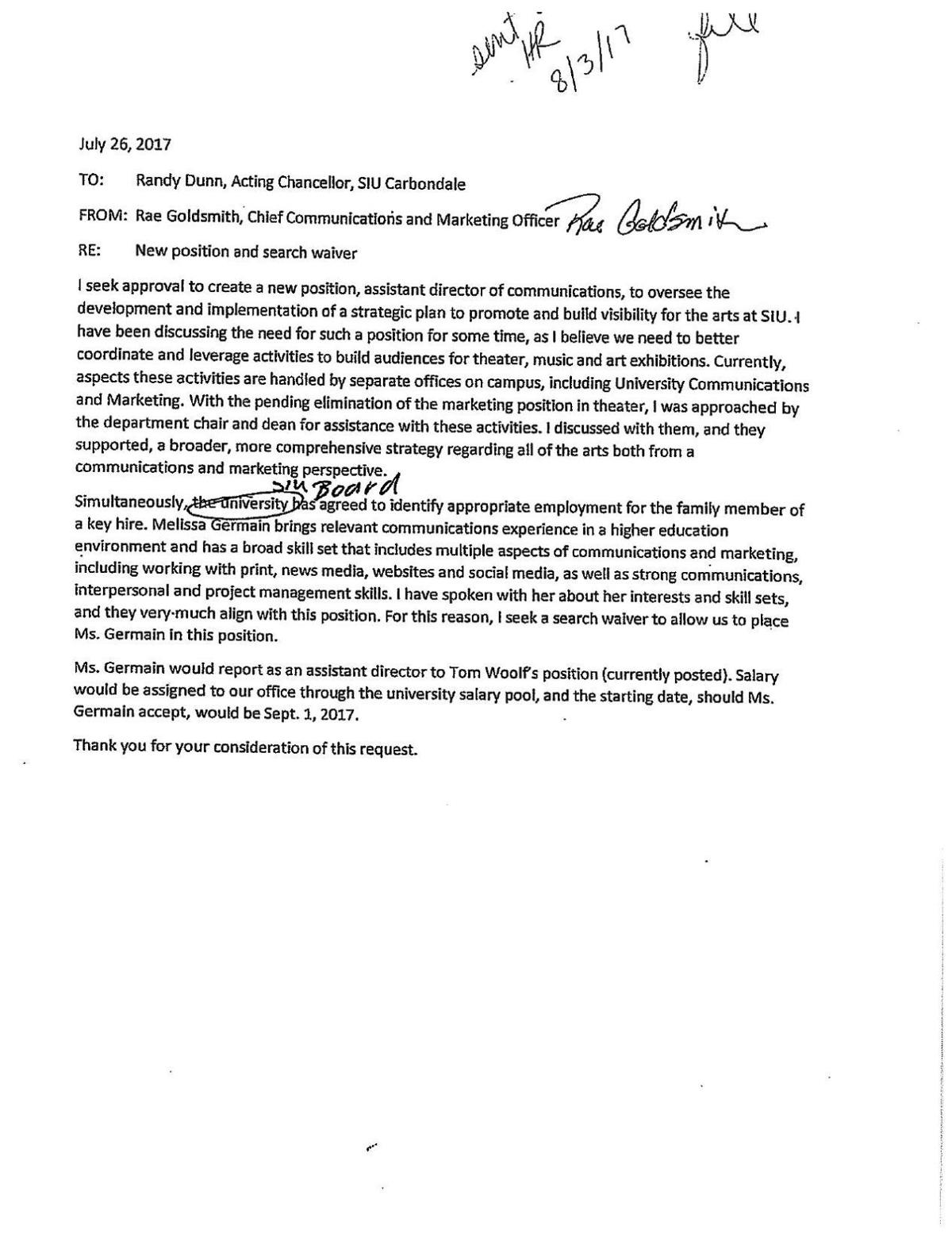 Document: July 2017 memo about Germain's hiring altered by Randy Dunn