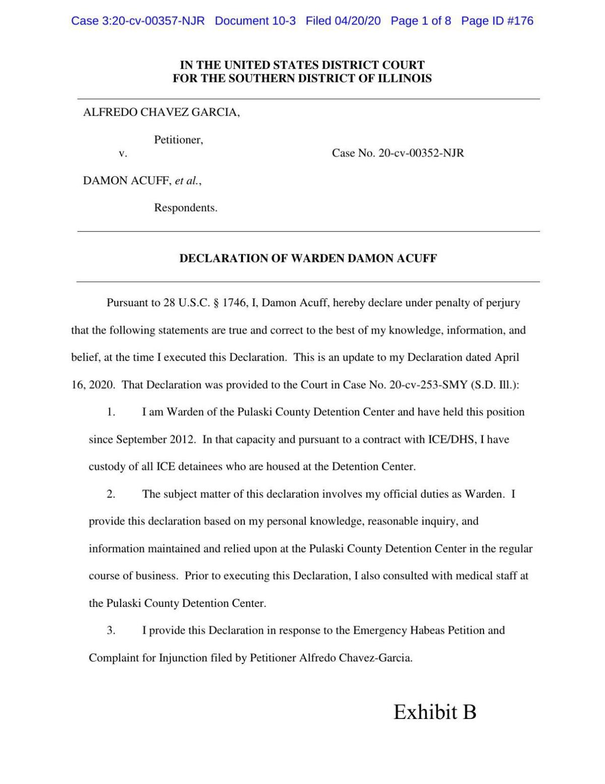 Document: Read Pulaski County Detention Center warden's declaration filed  in federal court