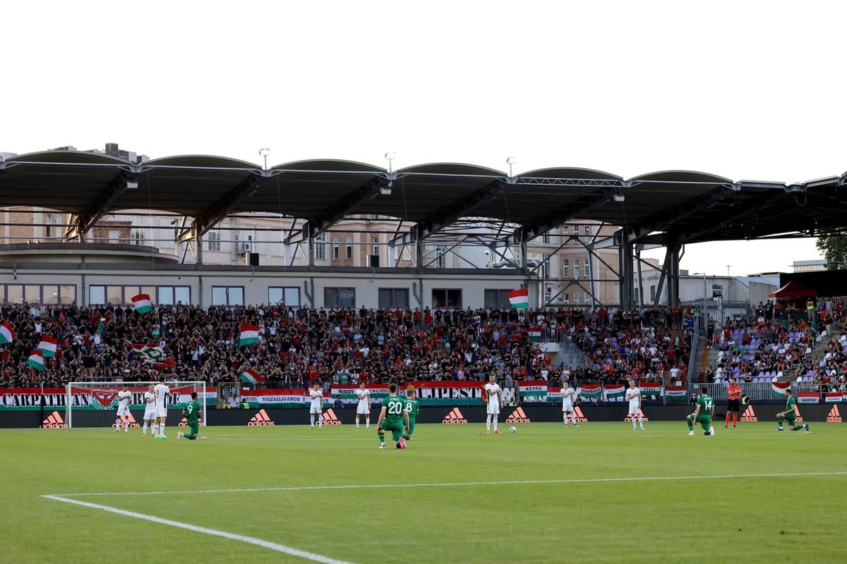 Players from the Republic of Ireland take a knee in support of the Black Lives Matter movement prior to an international friendly against Hungary at Szusza Ferenc Stadion on Tuesday, June 8, 2021 in Budapest, Hungary.