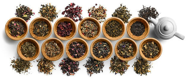 Large set of tea on a white background. The view from the top