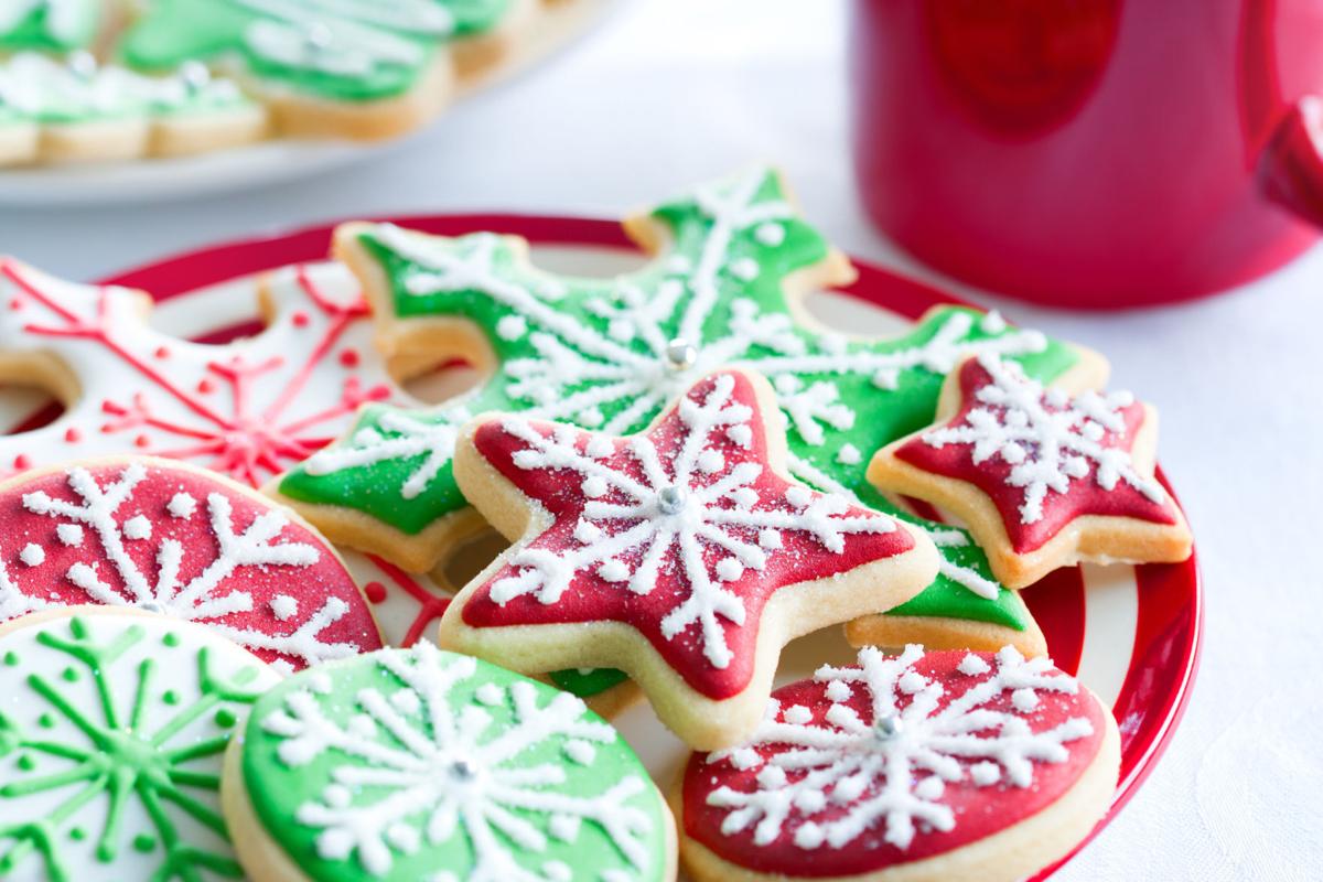 Red and green iced Christmas biscuits