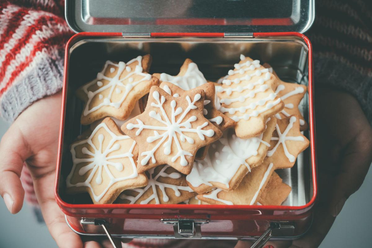 Christmas cookies in a metallic child lunch box