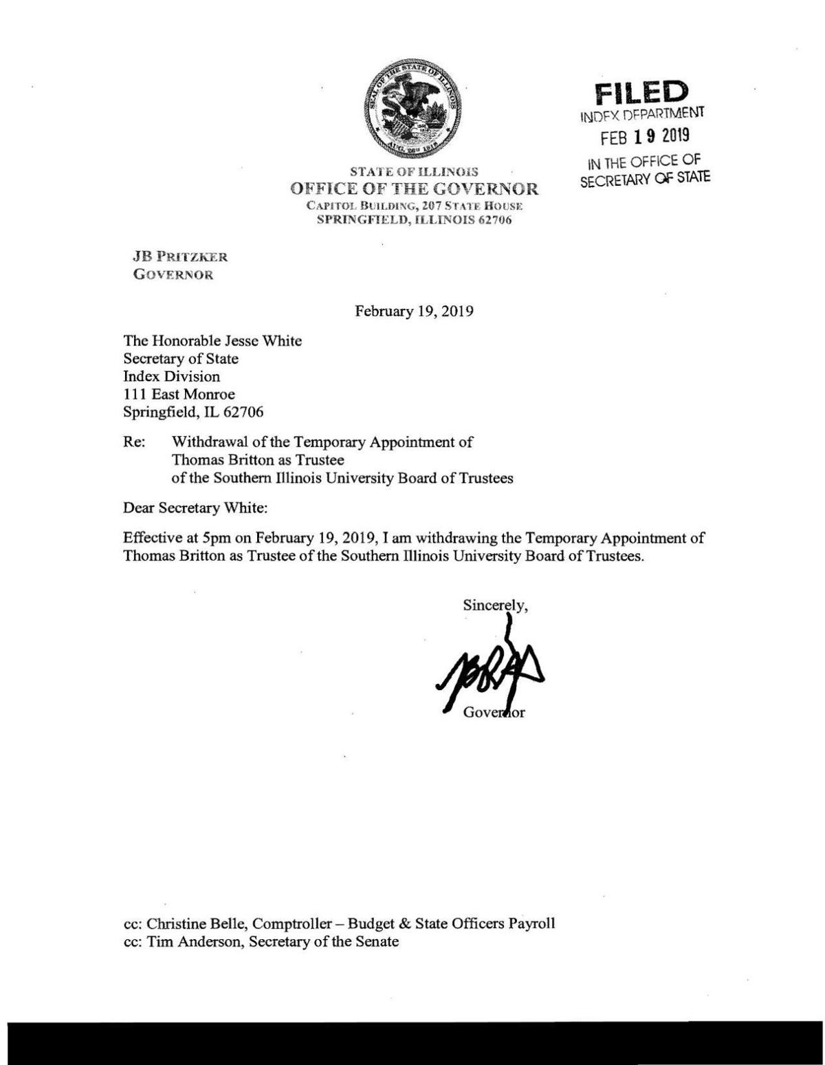 Pritzker Submitted These Letters To Withdraw Nominations Of Britton Ryan To Siu Board Of Trustees Thesouthern Com