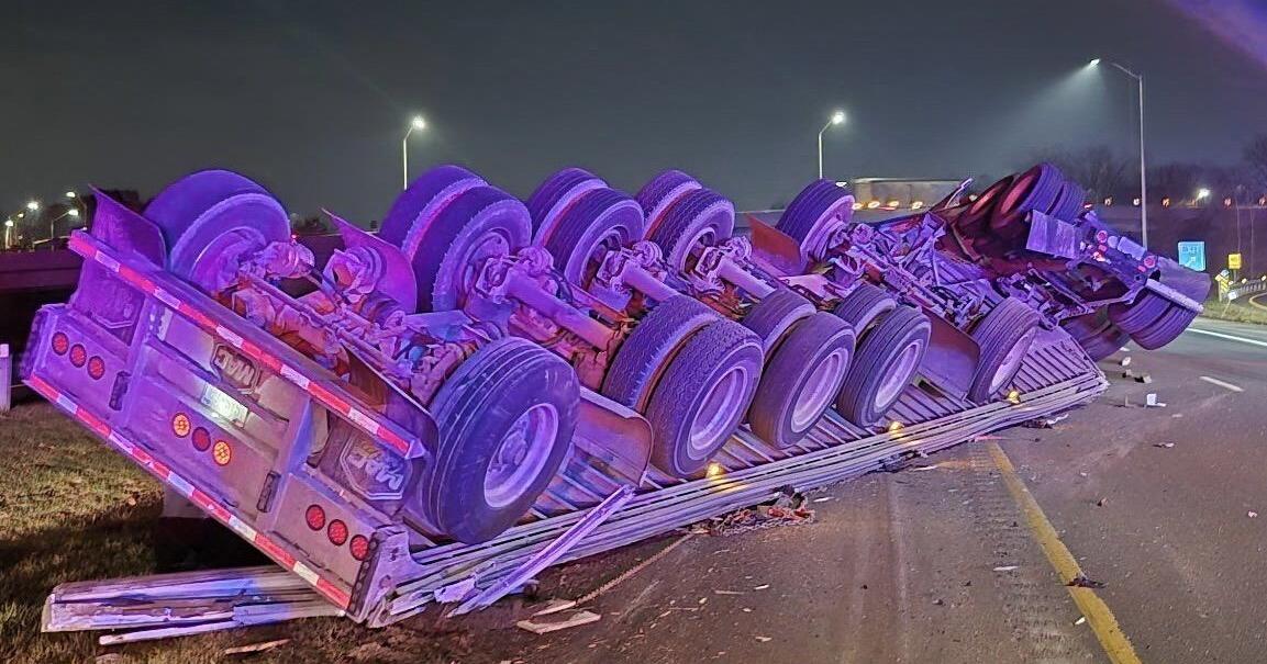 Hamilton police say a transport truck headed north on the RHVP, between Greenhill Avenue and King Street East, overturned and spilled three to four large steel coils onto the road.