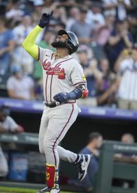 Atlanta Braves' Marcell Ozuna heads to first base after being walked by  Colorado Rockies relief pitcher Gavin Hollowell during the seventh inning  of a baseball game Tuesday, Aug. 29, 2023, in Denver. (