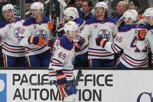 Emberson scores twice, McDavid hits 100-point milestone and Oilers blank Sharks 3-0