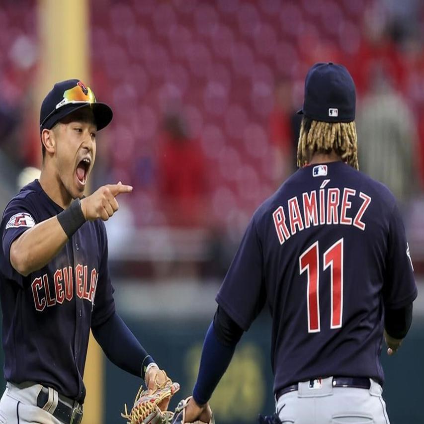 Cleveland Guardians third basemen Jose Ramirez (11) hits his 2nd home run  during an MLB regular season game against the Los Angeles Angels,  Wednesday, April 27th, 2022, at Angels Stadium in Anaheim