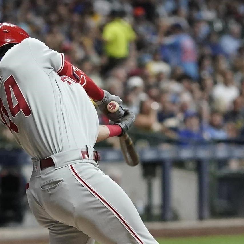 MILWAUKEE, WI - JUNE 07: Philadelphia Phillies third baseman Alec Bohm (28)  celebrates during a game between the Milwaukee Brewers and the Philadelphia  Phillies on June 7, 2022, at American Family Field