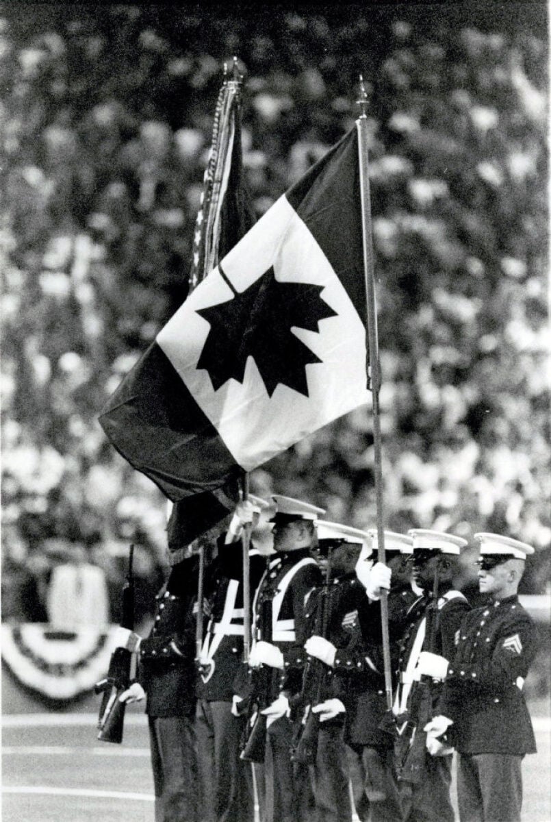 The Royal Canadian Mounted Police Color Guard during the opening ceremony  before the Toronto Blue Jays welcome the Texas Rangers for Game 2 of the  ALDS at Rogers Centre in Toronto on