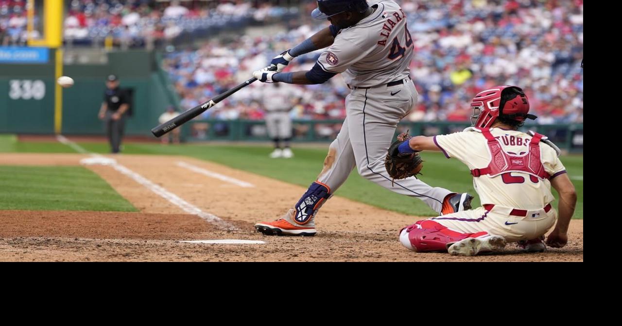 Alvarez hits 3 HRs, Arrighetti carries no-hitter into 8th in Astros' 10-0 rout of Phillies