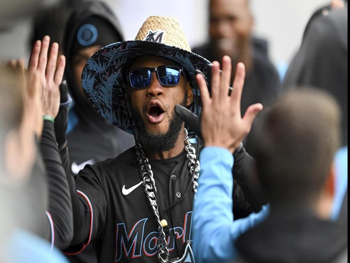 Miami Marlins' Jazz Chisholm Jr. reacts after striking out during the third  inning in the second baseball game of a doubleheader against the Cleveland  Guardians, Saturday, April 22, 2023, in Cleveland. (AP