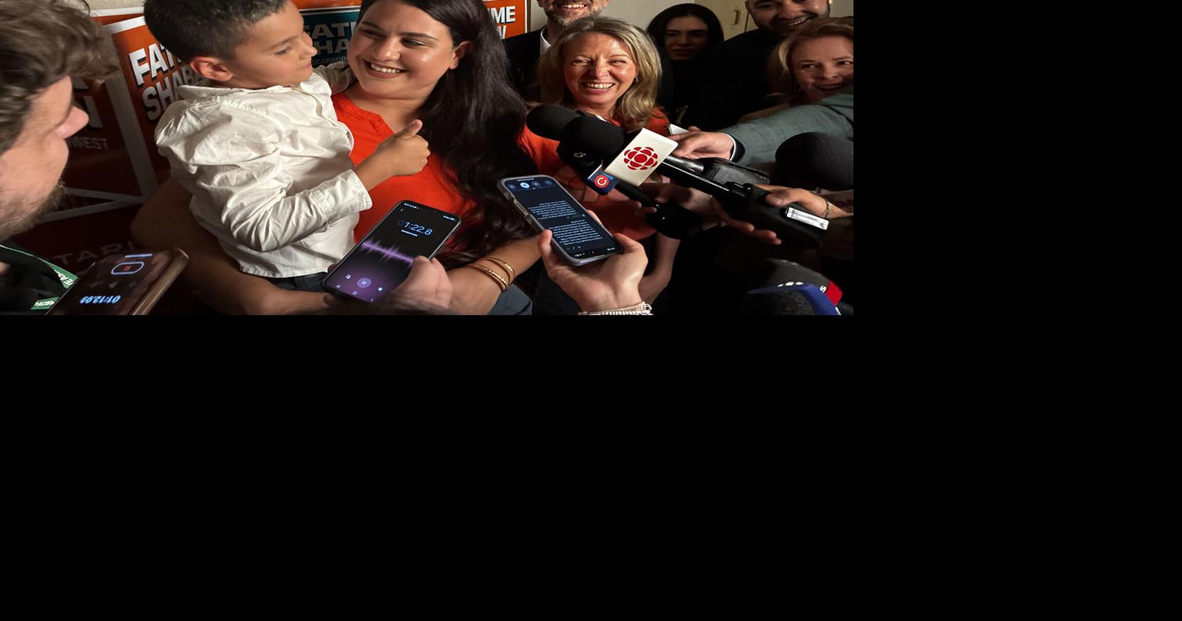 Fatima Shaban speaks to reporters with NDP leader Marit Stiles after her ...