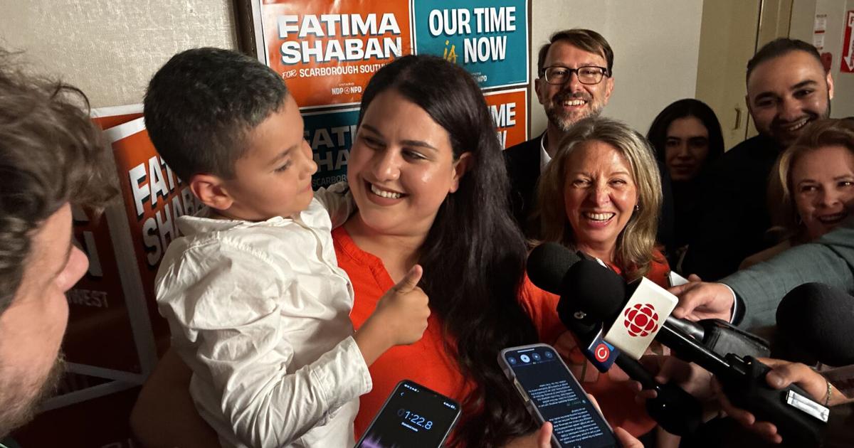 Fatima Shaban speaks to reporters with NDP leader Marit Stiles after her ...