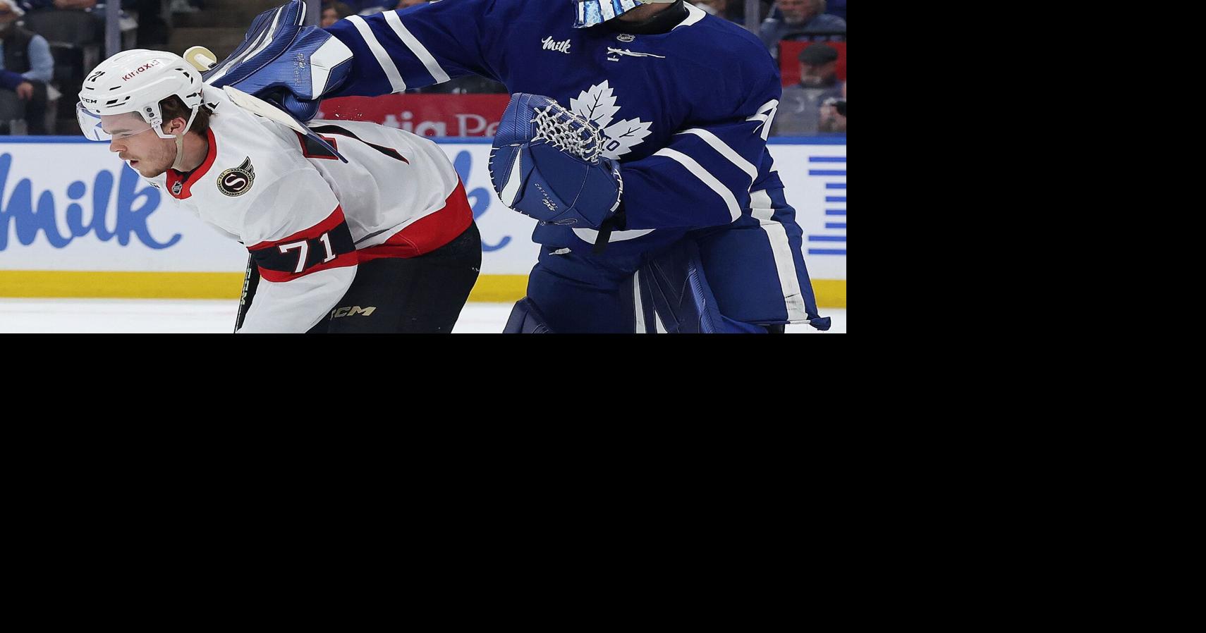Leafs’ Anthony Stolarz shrugs off Ridly Greig shoving match