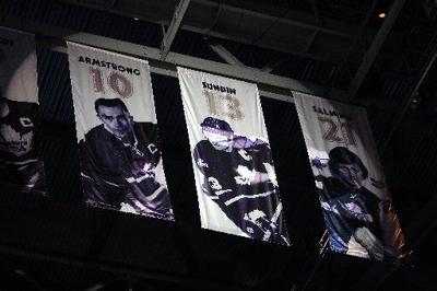 View of banners up in rafters of Toronto Maple Leafs retired