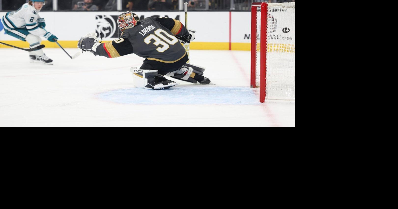 Hertl scores twice, Lindbom gets his 1st NHL win in the Knights’ 4-3 victory over the Sharks