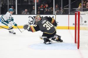 Hertl scores twice, Lindbom gets his 1st NHL win in the Knights' 4-3 victory over the Sharks