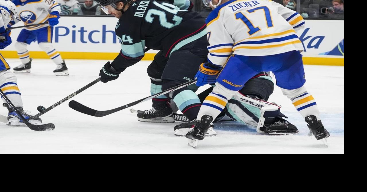 Jamie Oleksiak's goal in 2nd period snaps a tie and sends the Kraken to a 6-4 win over the Sabres