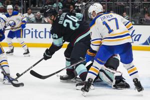 Jamie Oleksiak's goal in 2nd period snaps a tie and sends the Kraken to a 6-4 win over the Sabres
