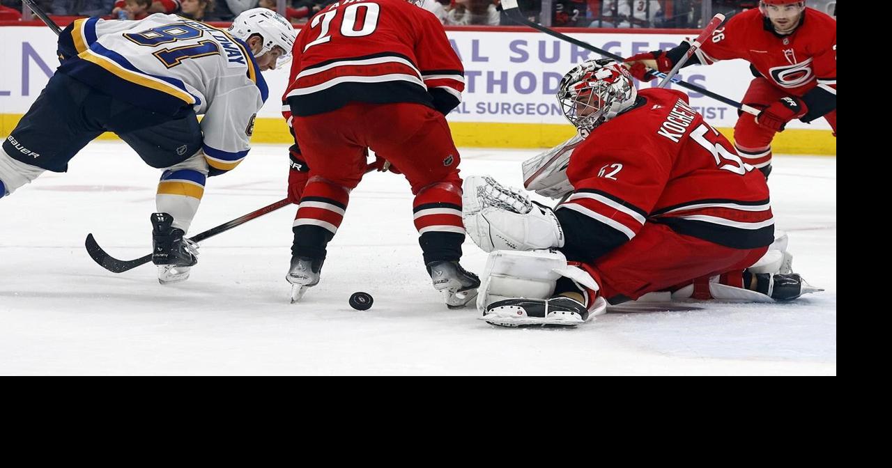 Necas scores twice in 4-point night as Hurricanes beat Blues