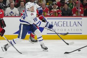 Korchinski scores in OT and Dickinson gets hat trick as Blackhawks beat Maple Leafs 4-3