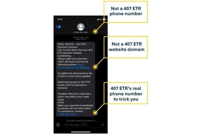 407 ETR warns customers about surge in fraudulent scams
