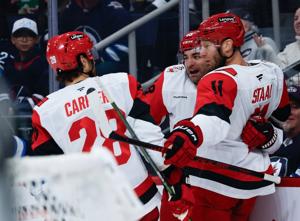Staal scores twice as Hurricanes defeat Hellebuyck-less Jets 4-3