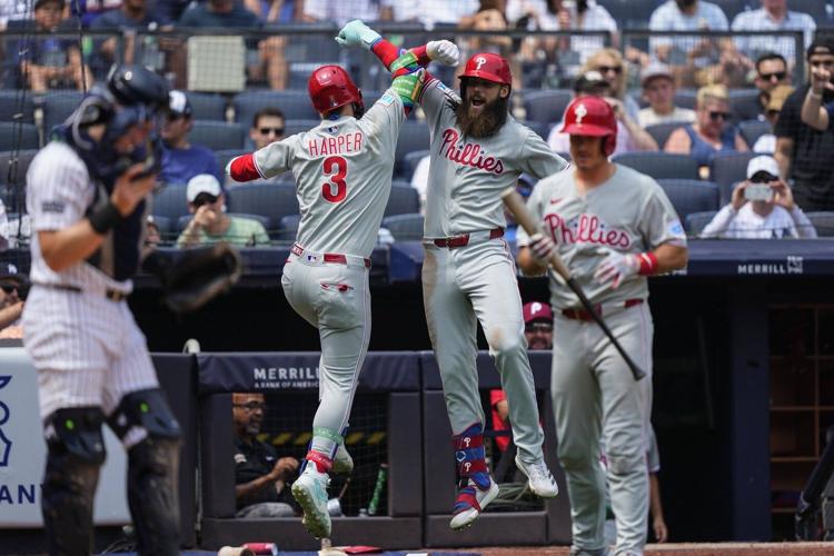 Harper and Schwarber spark the Phillies to a 9-4 win over the reeling Yankees, who await Judge news
