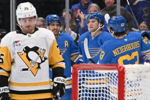 Jimmy Snuggerud scores twice, leads Blues back from 3-goal deficit to beat Penguins 7-5
