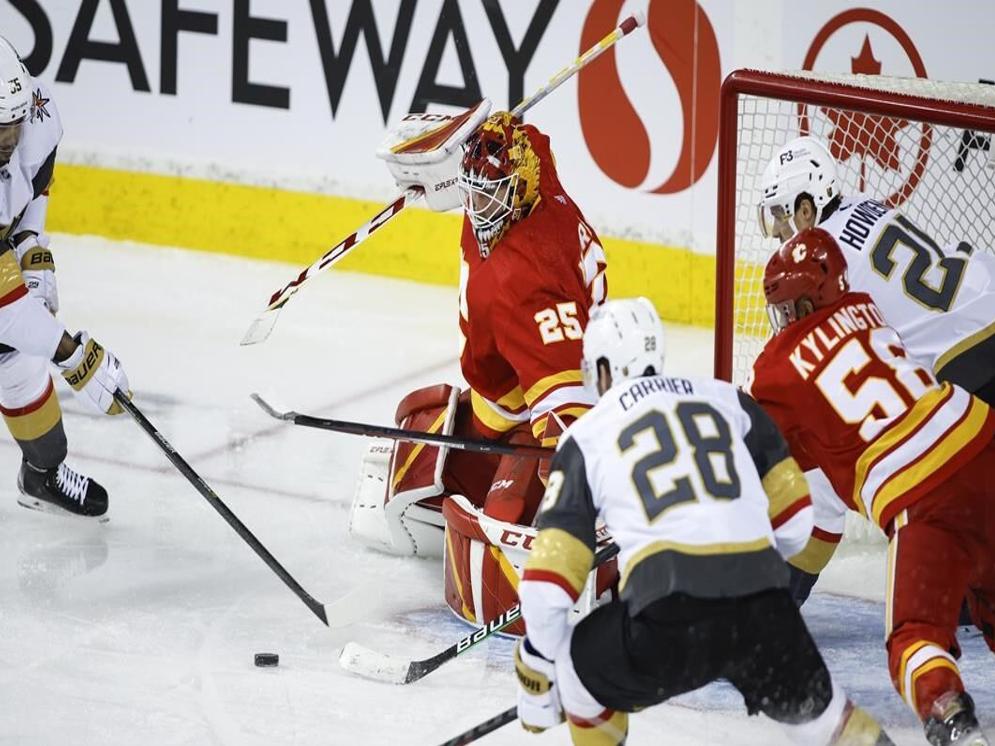 Jacob Markstrom of the Calgary Flames in action against the