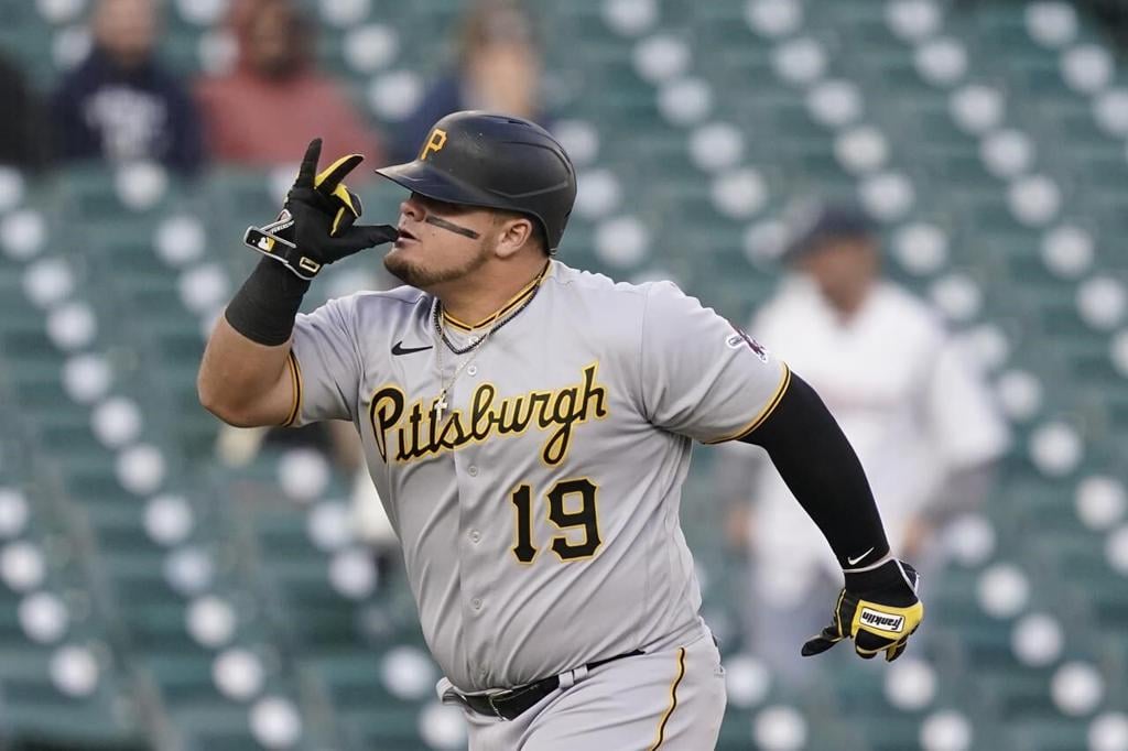 Pittsburgh Pirates' Daniel Vogelbach listens to home plate umpire Jordan  Baker after striking out during the ninth inning in the first baseball game  of a doubleheader against the Detroit Tigers, Wednesday, May