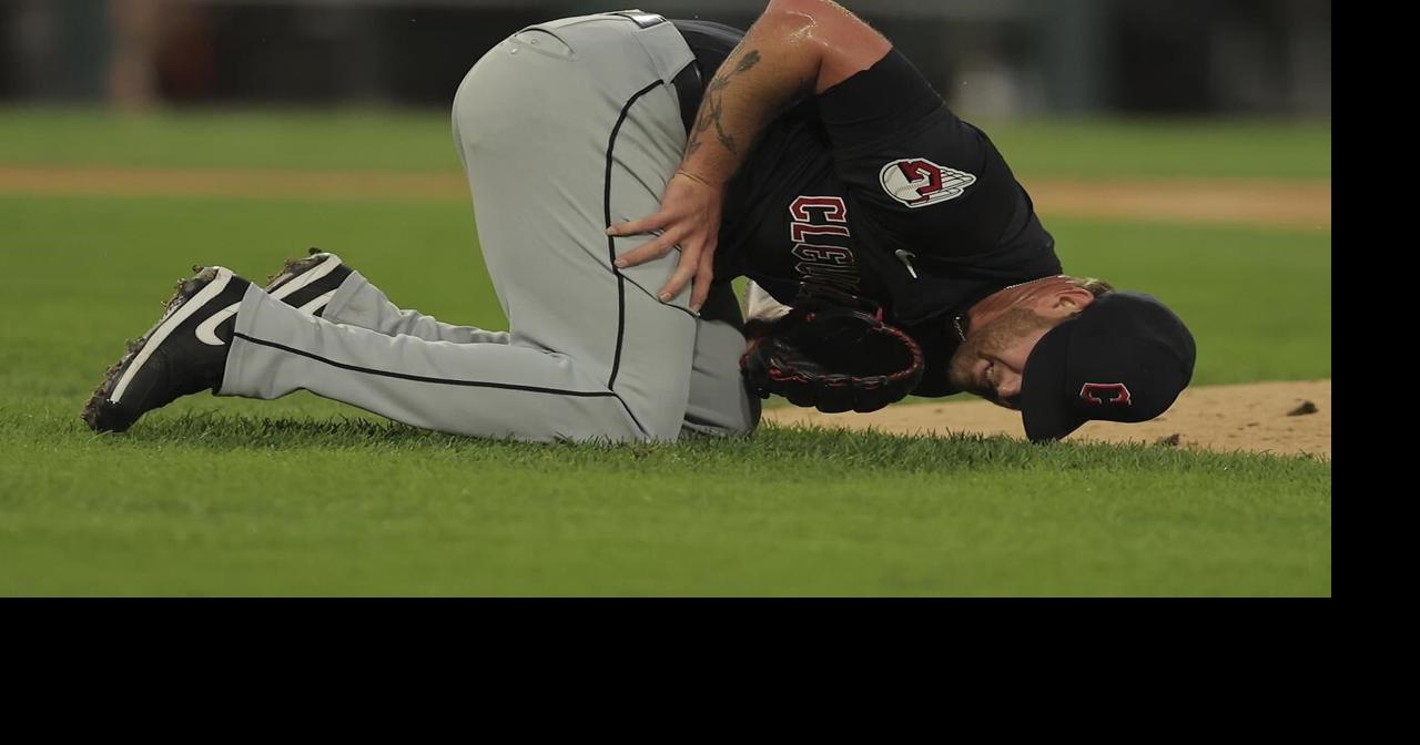 Guardians right-hander Ben Lively departs after he gets hit on his right leg by a comebacker
