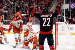 Chatfield scores 1st goal of season to help Hurricanes to a 5-2 win over the Ducks