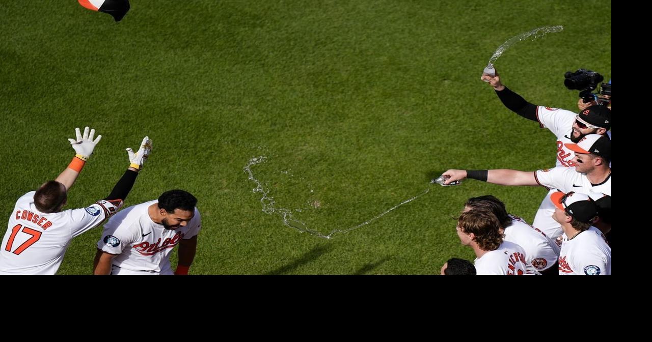 An AP photographer catches an Orioles celebration from high above the action