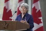 Louise Arbour speaks at a news conference.