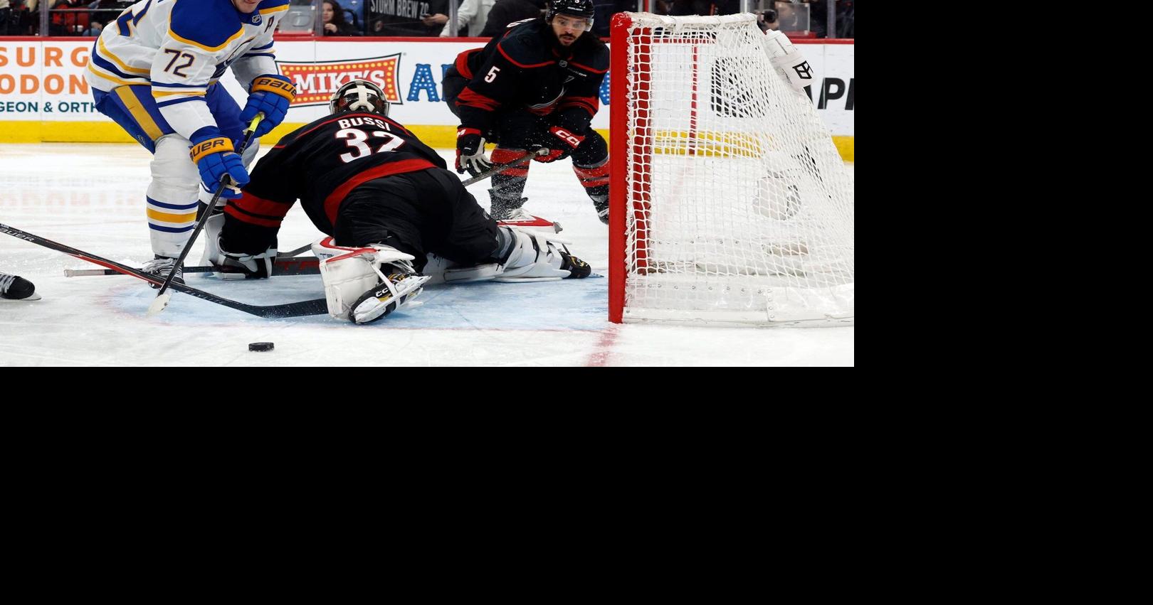 Brandon Bussi makes 17 saves for his 18th win as the Hurricanes beat the Sabres 2-1