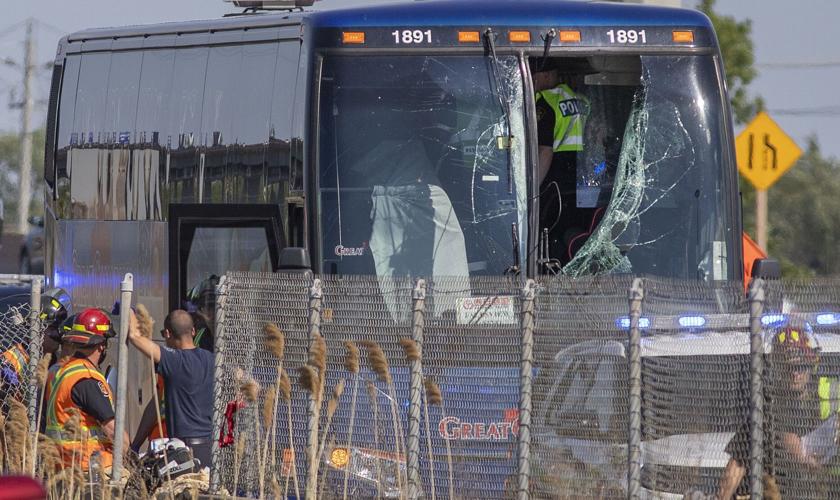 Toronto man dead after flying wheel hits bus on QEW