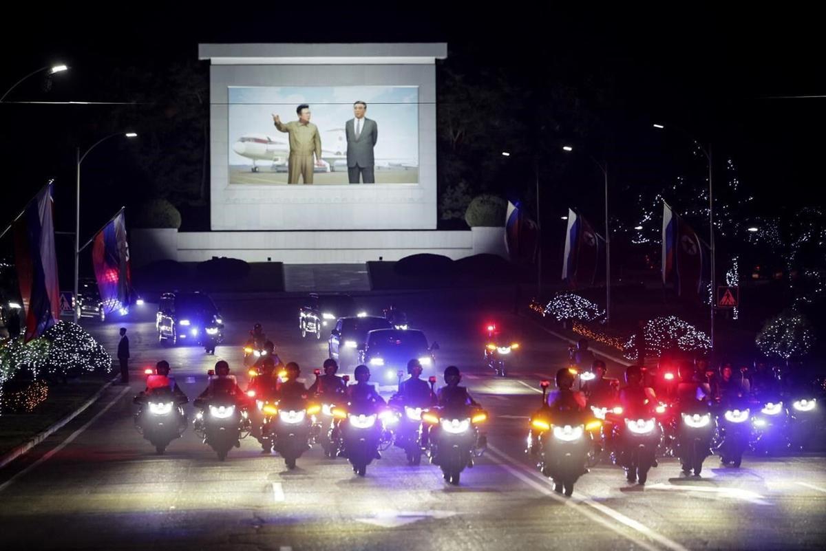 A motorcade with Russian President Vladimir Putin and North Korea’s leader Kim Jong Un rolls from the Pyongyang Sunan International Airport outside Pyongyang, North Korea, early Wednesday, June 19, 2024. (Gavriil Grigorov, Sputnik, Kremlin Pool Photo via AP)