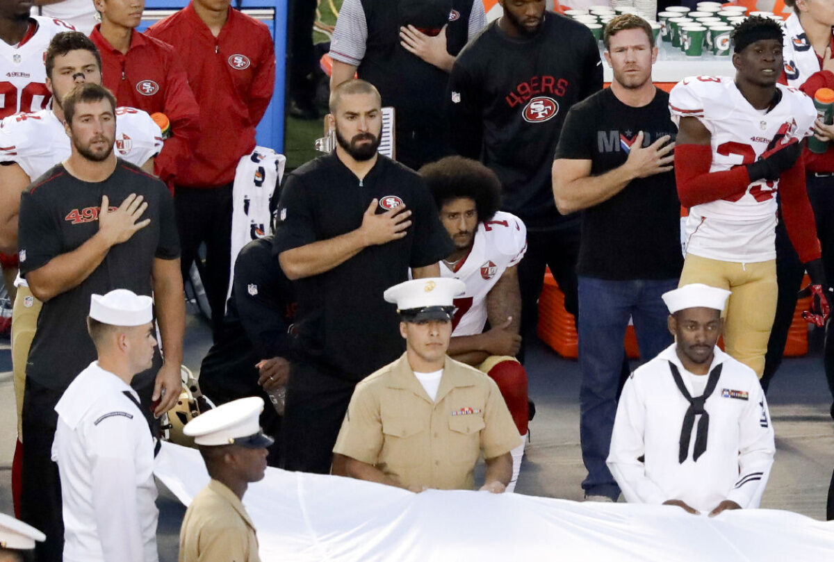 Colin Kaepernick s 49ers teammate joins protest both kneel during national anthem