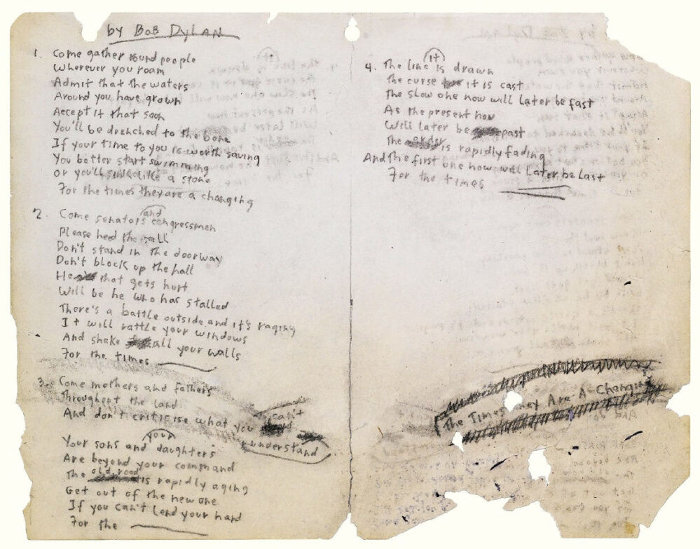 Bob Dylan's Handwritten 'Times They Are a-Changin'' Lyrics Sell for $422,500