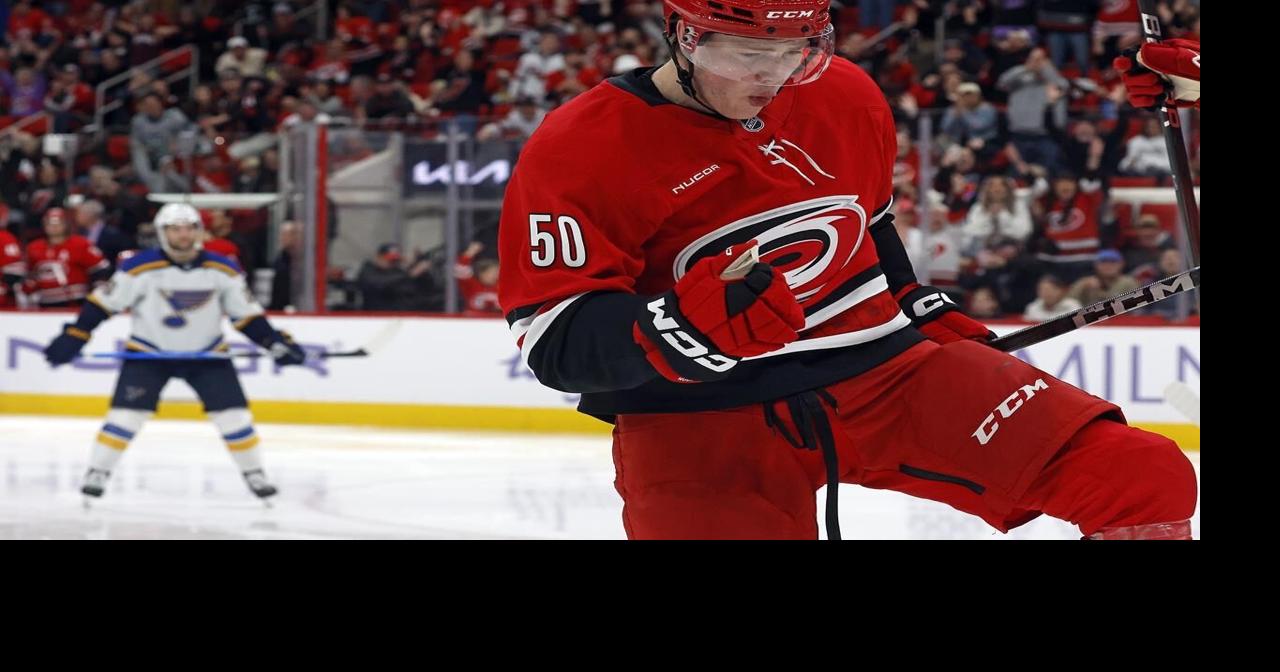 Necas scores twice in 4-point night as Hurricanes beat Blues 4-1