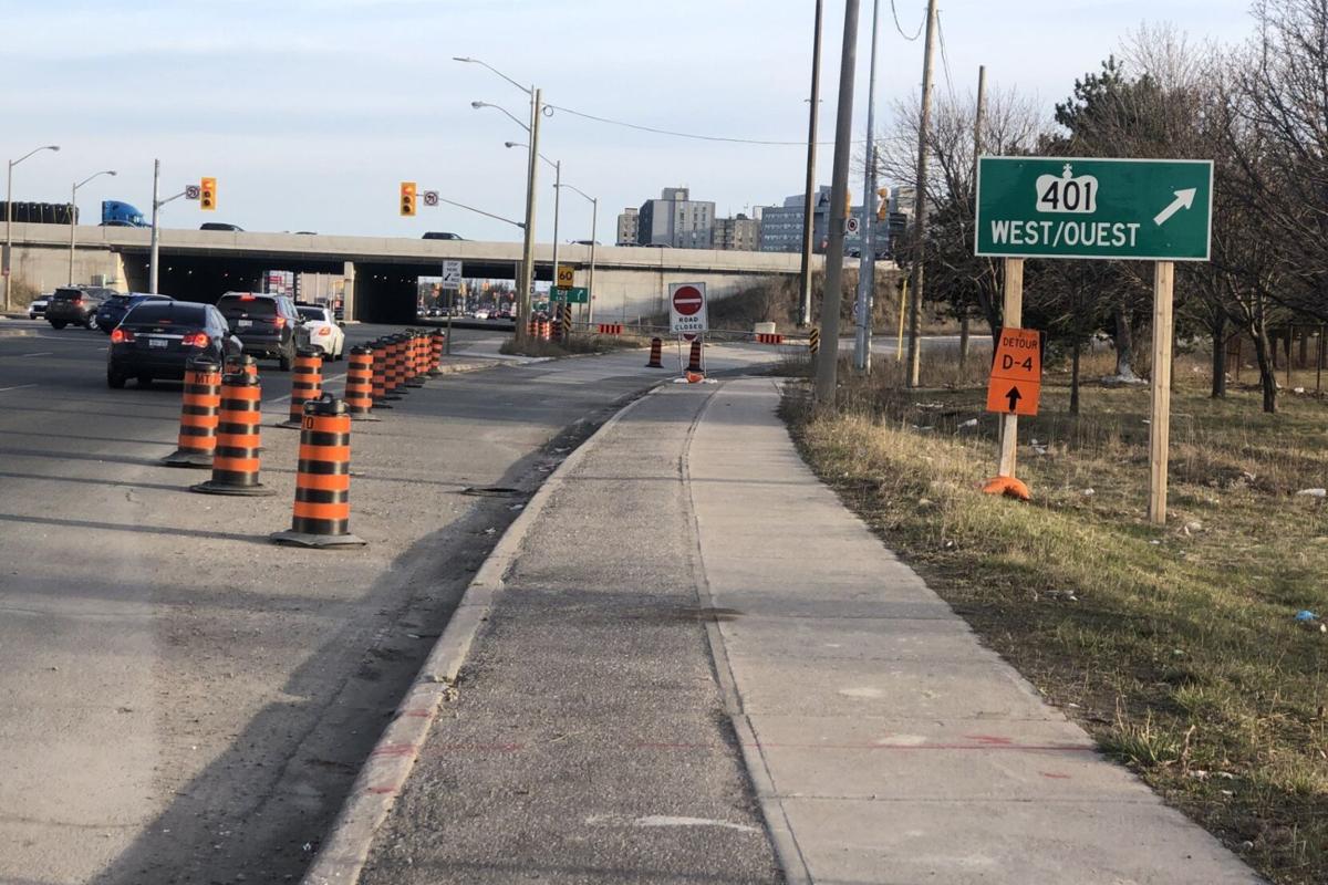 This long-closed ramp to the 401 drives drivers around the bend. There's still no end in sight