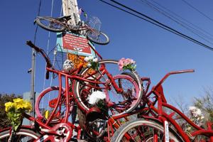 A giant pile of red bicycles has appeared in a Bloor West park to protest Doug Ford's bike lane removals