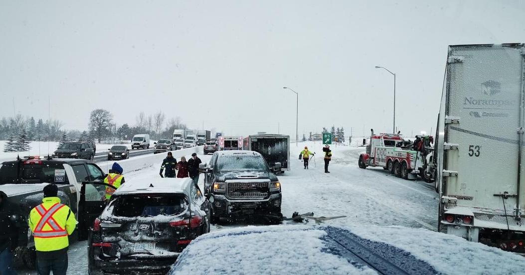 Highway 400 reopens after crash involving 50 cars, six transport trucks