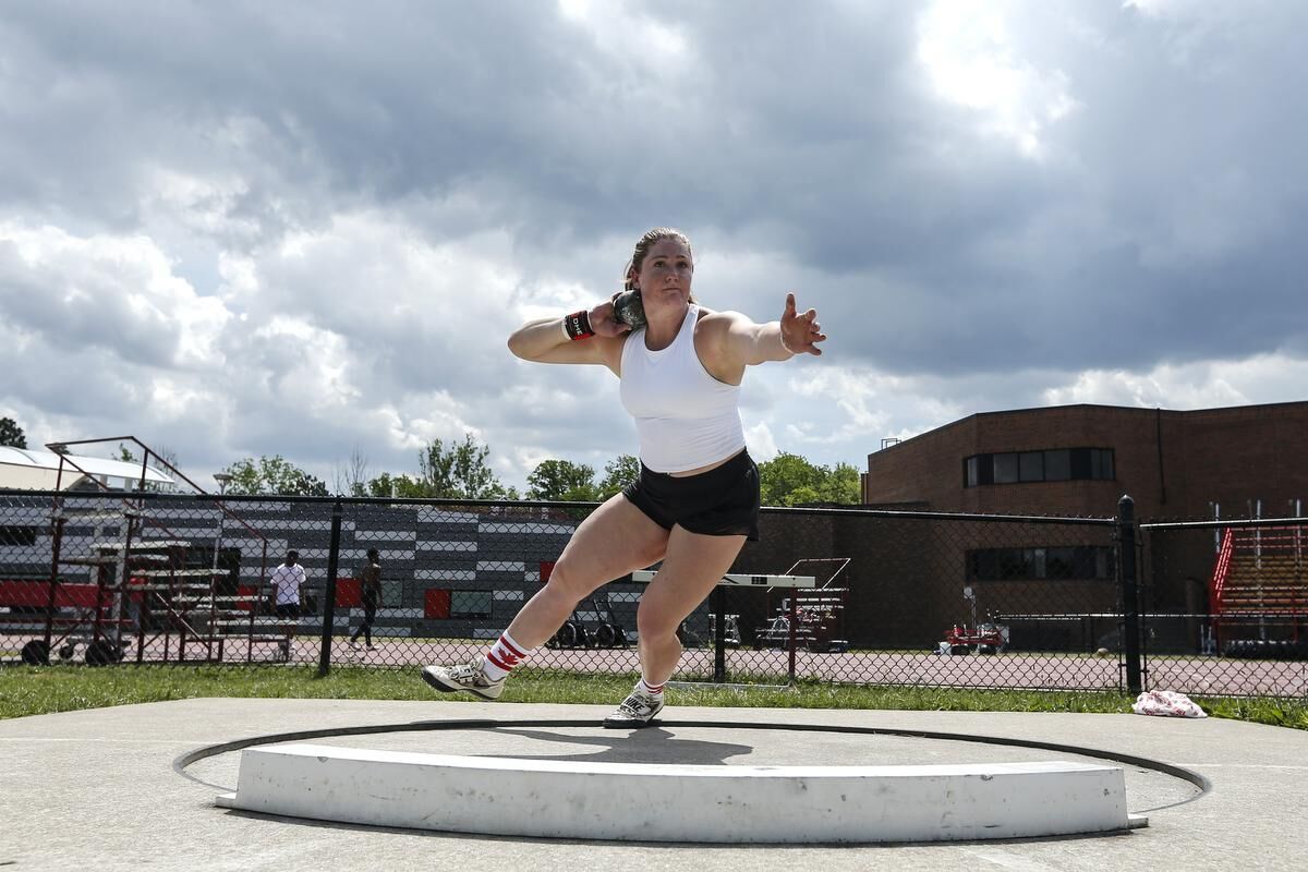 Canadian Olympic shot-putter Sarah Mitton spins to picture