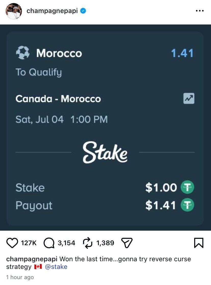 Drake Cursed Drake’s bet on Morocco over Canada in ‘reverse curse strategy’ fails