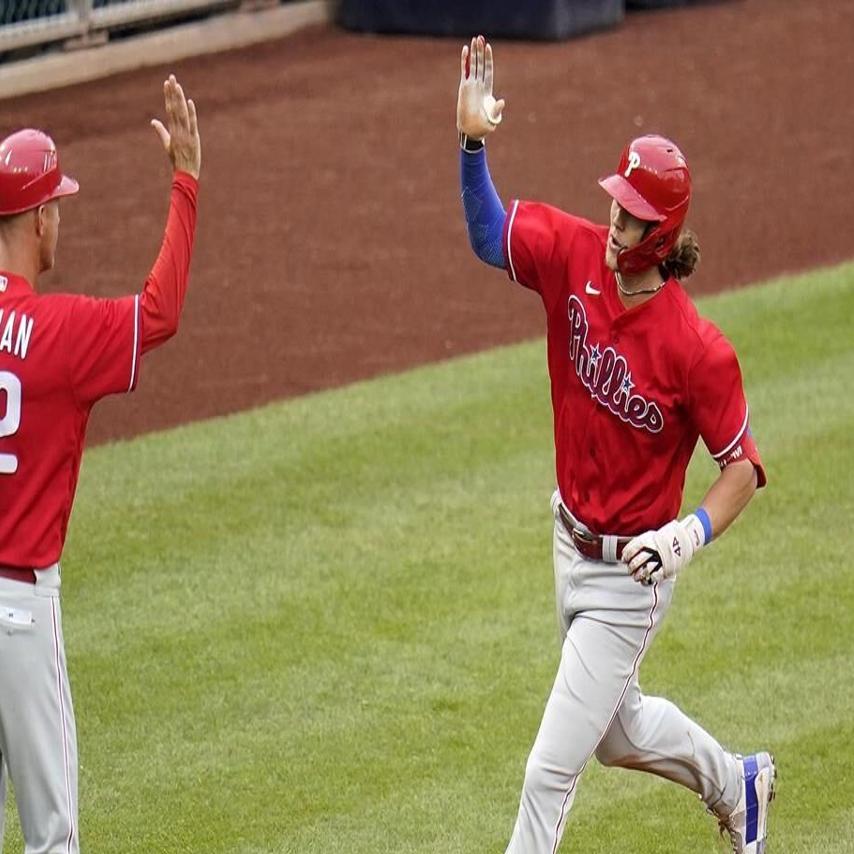 Philadelphia Phillies' Didi Gregorius celebrates and rounds the bases on  his three-run home run as he rounds the bases during the ninth inning of a  baseball game against the Washington Nationals, Wednesday